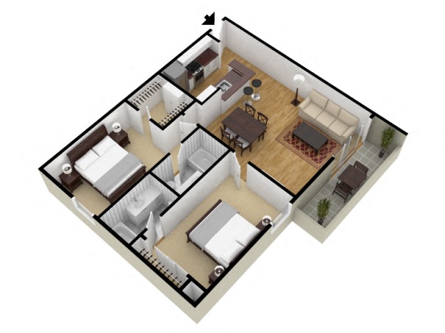 Floor plan for 2 beds, 2 baths, 891 sqft